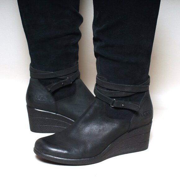 Womens Ugg Boots Lesley Sz 9 Black Leather Waterproof Wedge Heel Knee High Boot - Picture 2 of 9